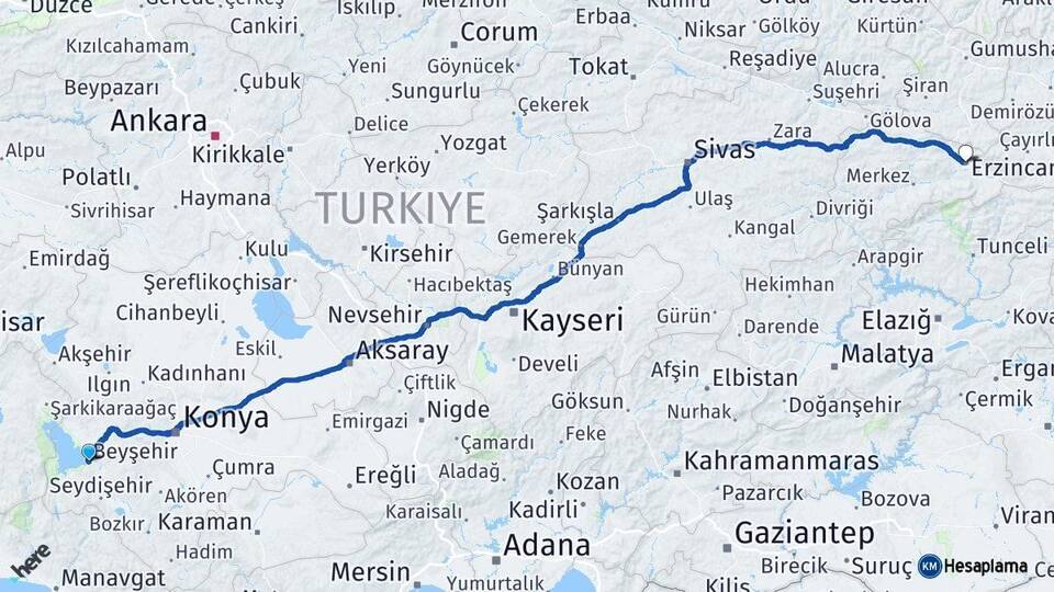 Konya Beyşehir Erzincan Arası Kaç Km - Yol Haritası