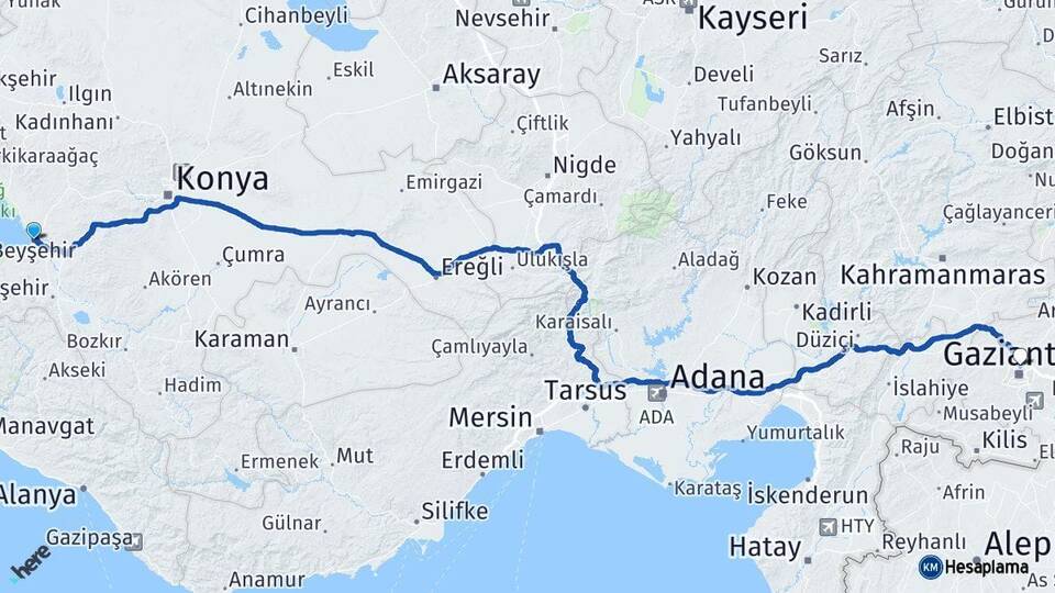 Konya Beyşehir Gaziantep Arası Kaç Km - Yol Haritası