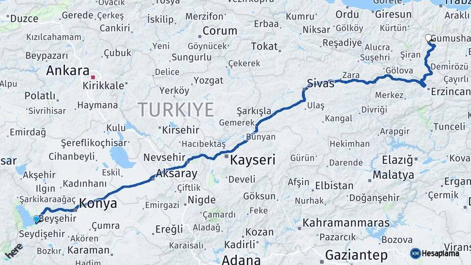 Konya Beyşehir Gümüşhane Arası Kaç Km - Yol Haritası