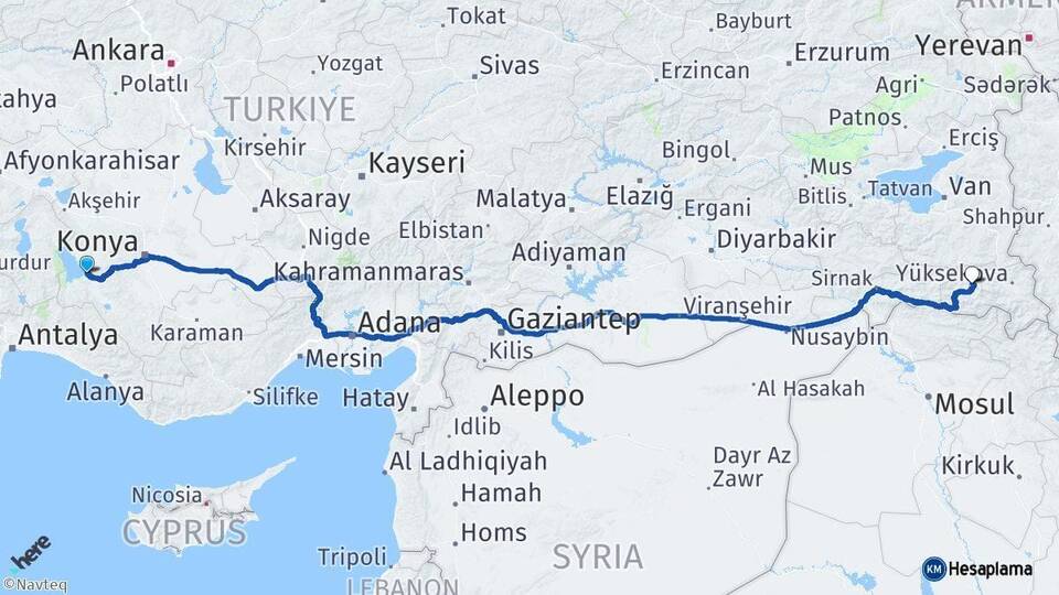 Konya Beyşehir Hakkari Arası Kaç Km - Yol Haritası