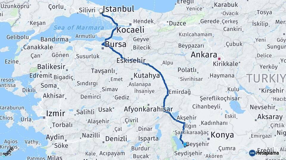 Konya Beyşehir İstanbul Arası Kaç Km - Yol Haritası