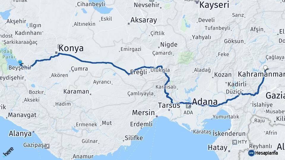 Konya Beyşehir Kahramanmaraş Arası Kaç Km - Yol Haritası