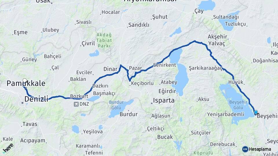 Konya Beyşehir Karahayıt Pamukkale Denizli Arası Kaç Km - Yol Haritası
