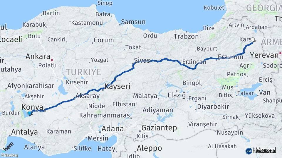 Konya Beyşehir Kars Arası Kaç Km - Yol Haritası