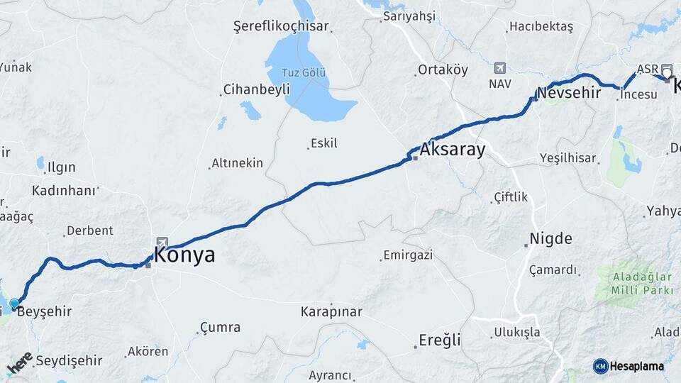 Konya Beyşehir Kayseri Arası Kaç Km - Yol Haritası