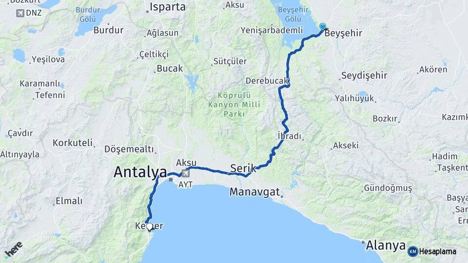 Konya Beyşehir Kemer Antalya Arası Kaç Km - Yol Haritası