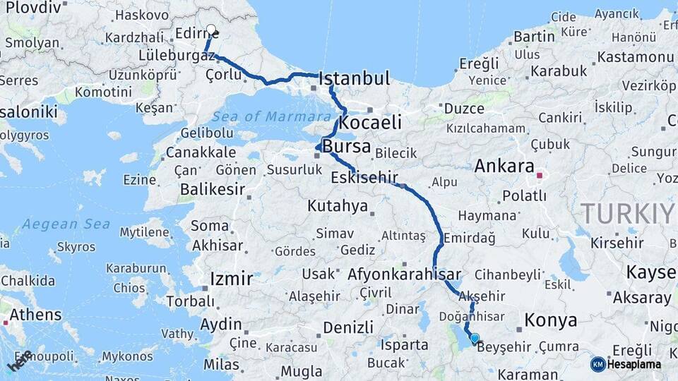 Konya Beyşehir Kırklareli Arası Kaç Km - Yol Haritası