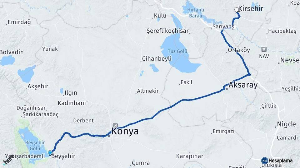 Konya Beyşehir Kırşehir Arası Kaç Km - Yol Haritası