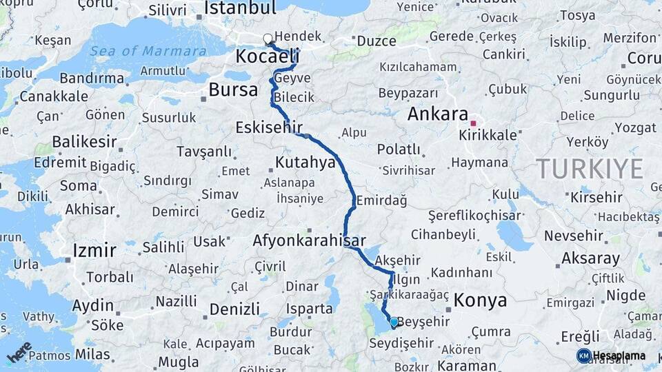 Konya Beyşehir Kocaeli Arası Kaç Km - Yol Haritası