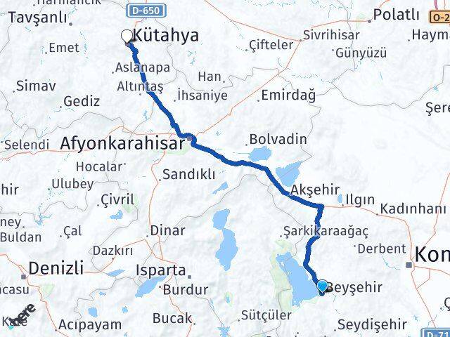 Konya Beyşehir Kütahya Arası Kaç Km - Yol Haritası