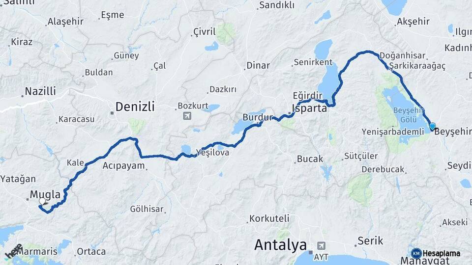 Konya Beyşehir Muğla Arası Kaç Km - Yol Haritası