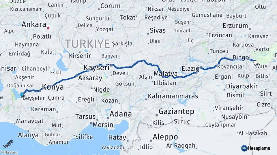 Konya Beyşehir Muş Arası Kaç Km - Yol Haritası