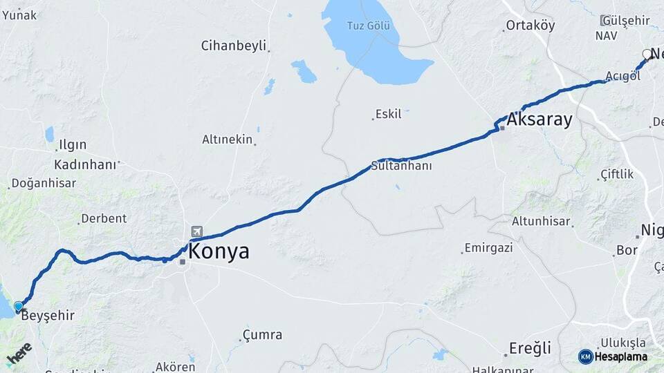 Konya Beyşehir Nevşehir Arası Kaç Km - Yol Haritası