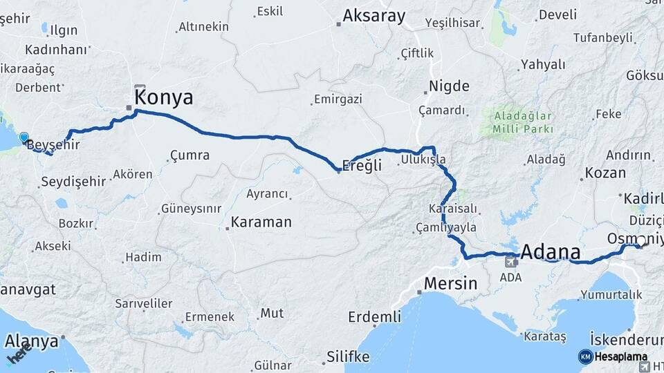 Konya Beyşehir Osmaniye Arası Kaç Km - Yol Haritası