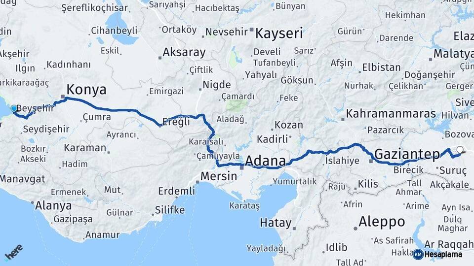 Konya Beyşehir Şanlıurfa Arası Kaç Km - Yol Haritası