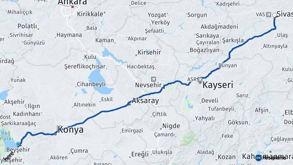 Konya Beyşehir Sivas Arası Kaç Km - Yol Haritası