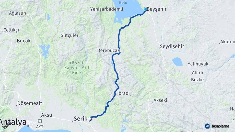 Konya Beyşehir Taşağıl Manavgat Antalya Arası Kaç Km - Yol Haritası
