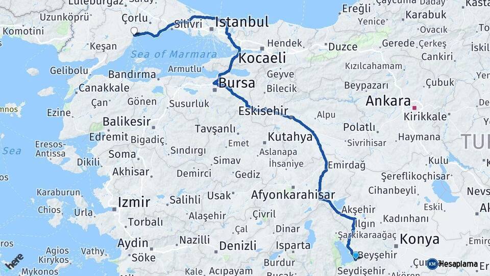 Konya Beyşehir Tekirdağ Arası Kaç Km - Yol Haritası