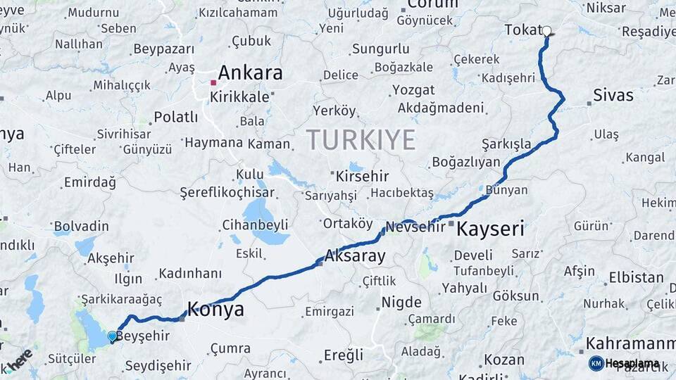 Konya Beyşehir Tokat Arası Kaç Km - Yol Haritası