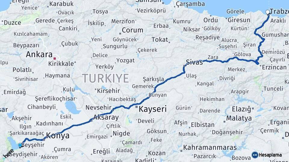 Konya Beyşehir Trabzon Arası Kaç Km - Yol Haritası