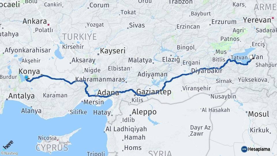 Konya Beyşehir Van Arası Kaç Km - Yol Haritası