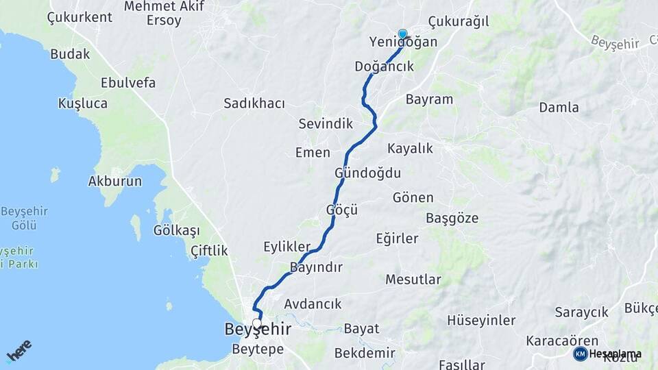 Konya Beyşehir Yenidoğan Beyşehir Arası Kaç Km - Yol Haritası