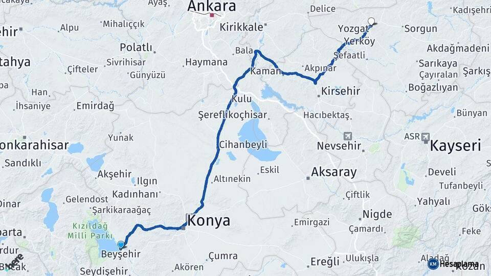 Konya Beyşehir Yozgat Arası Kaç Km - Yol Haritası
