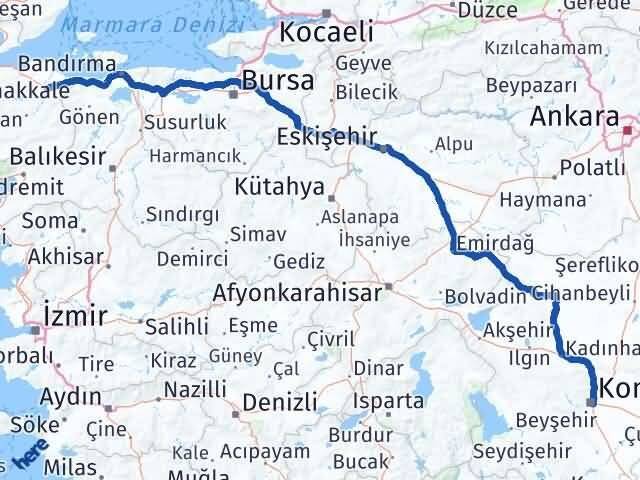 Konya Biga Çanakkale Arası Kaç Km - Yol Haritası