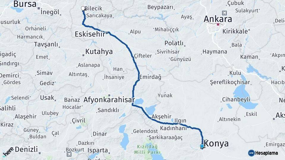Konya Bilecik Arası Kaç Km - Yol Haritası