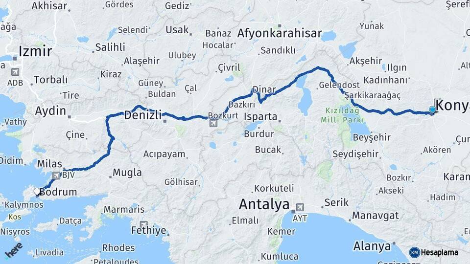 Konya Bodrum Muğla Arası Kaç Km - Yol Haritası