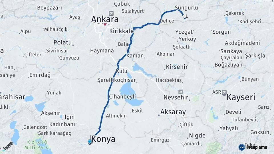 Konya Boğazkale Çorum Arası Kaç Km - Yol Haritası