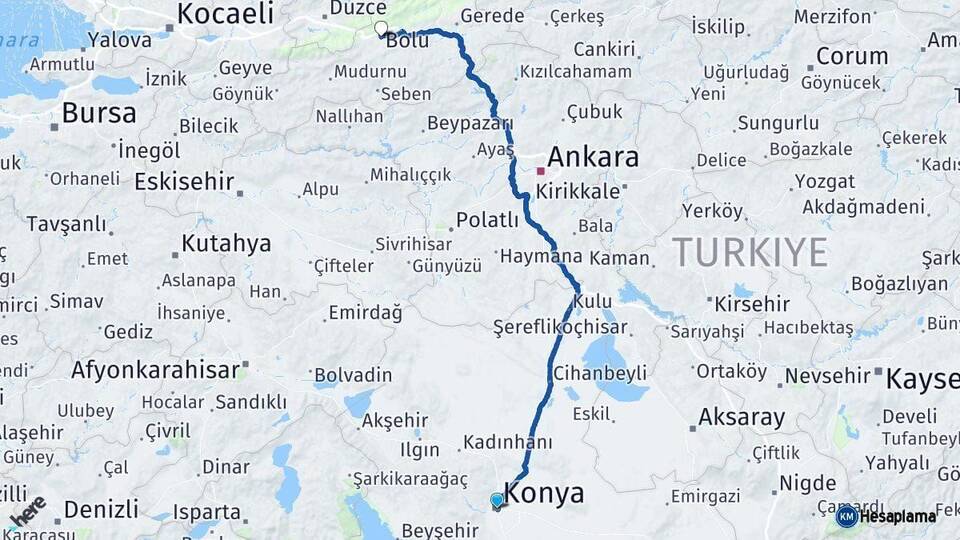 Konya Bolu Arası Kaç Km - Yol Haritası
