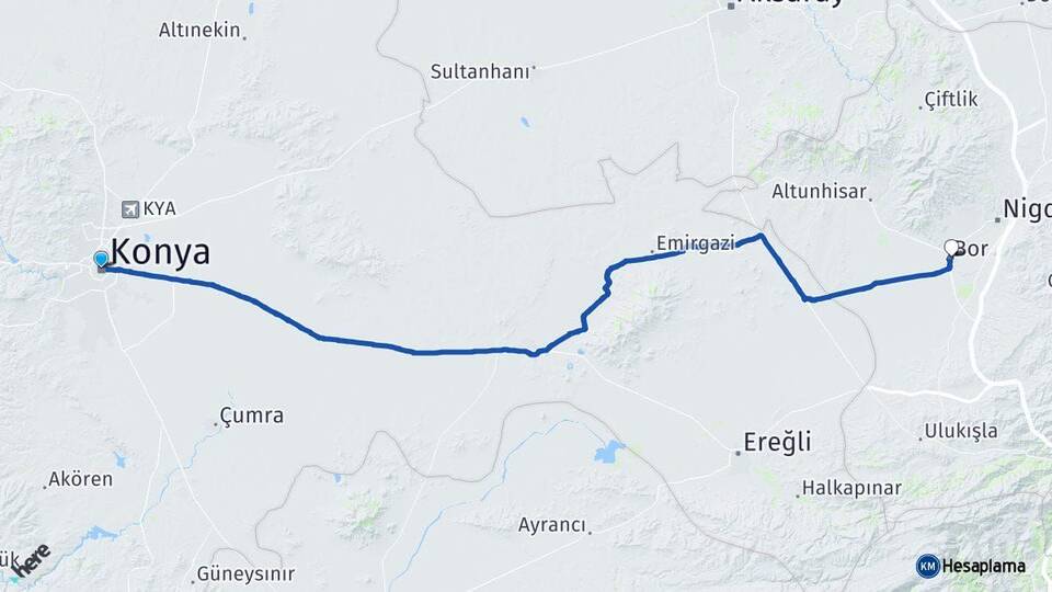 Konya Bor Niğde Arası Kaç Km - Yol Haritası
