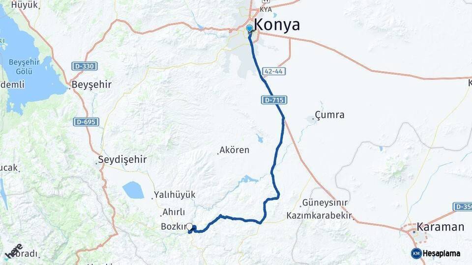 Konya Bozkır Arası Kaç Km - Yol Haritası
