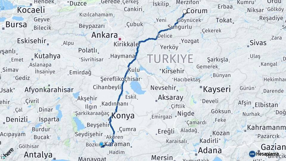 Bozkır Çorum Arası Kaç Km - Yol Tarifi