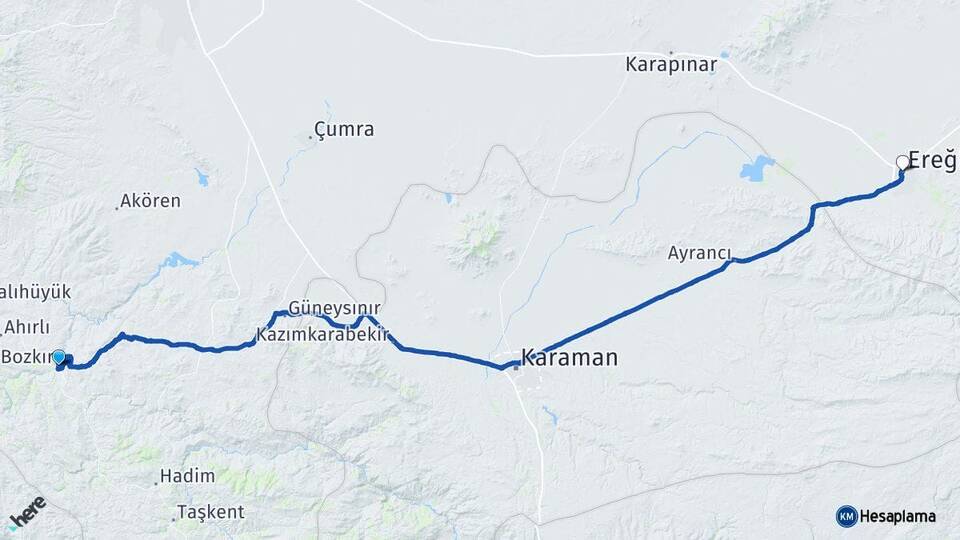 Konya Bozkır Ereğli Arası Kaç Km - Yol Haritası