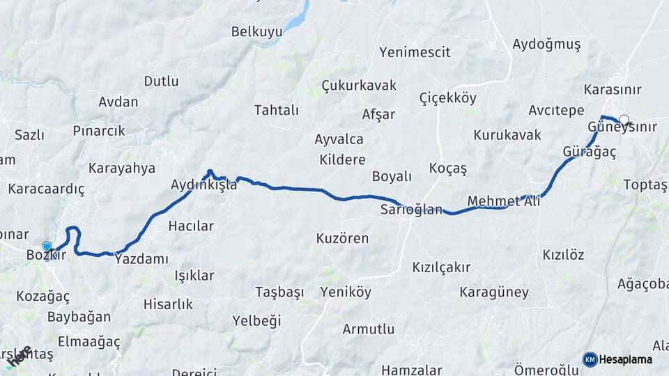 Konya Bozkır Güneysınır Arası Kaç Km - Yol Haritası
