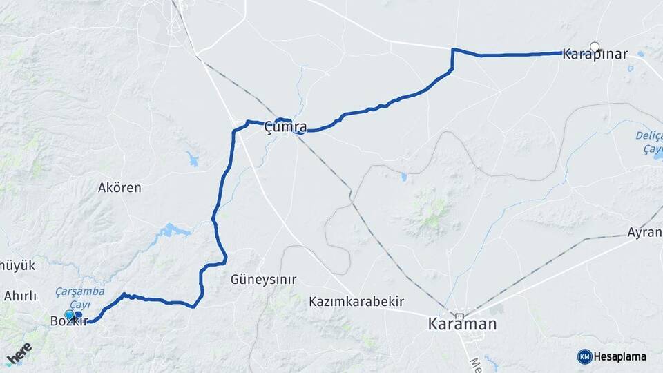Konya Bozkır Karapınar Arası Kaç Km - Yol Haritası