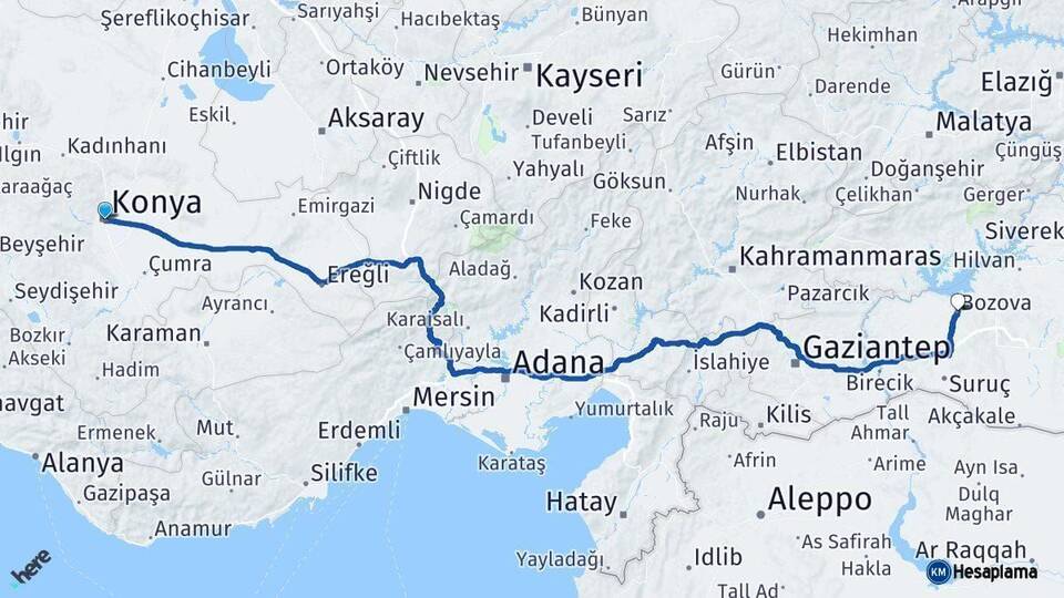Konya Bozova Şanlıurfa Arası Kaç Km - Yol Haritası