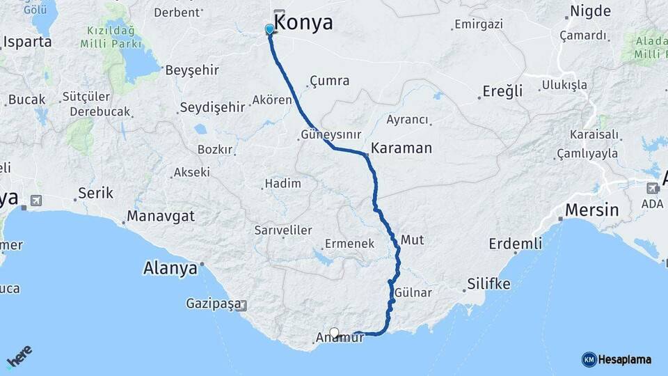 Konya Bozyazı Mersin Arası Kaç Km - Yol Haritası