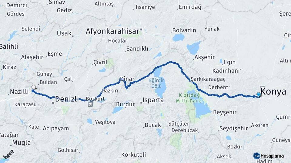Konya Buharkent Aydın Arası Kaç Km - Yol Haritası