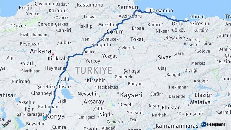 Konya Bulancak Giresun Arası Kaç Km - Yol Haritası
