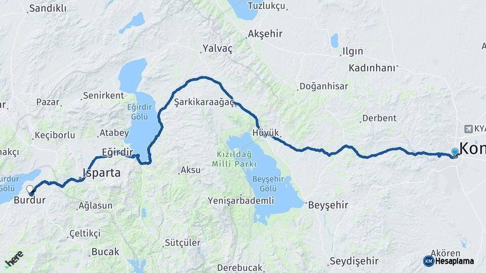 Konya Burdur Arası Kaç Km - Yol Haritası