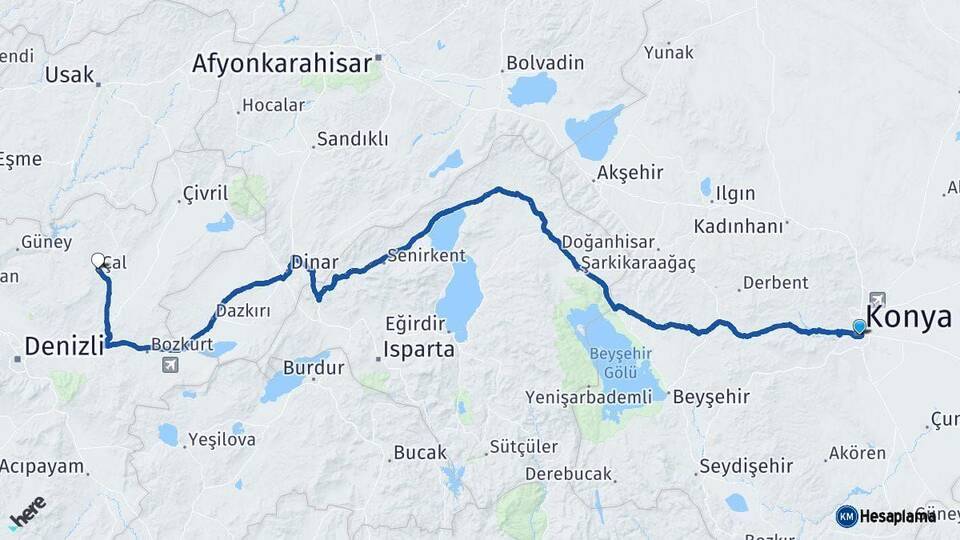Konya Çal Denizli Arası Kaç Km - Yol Haritası