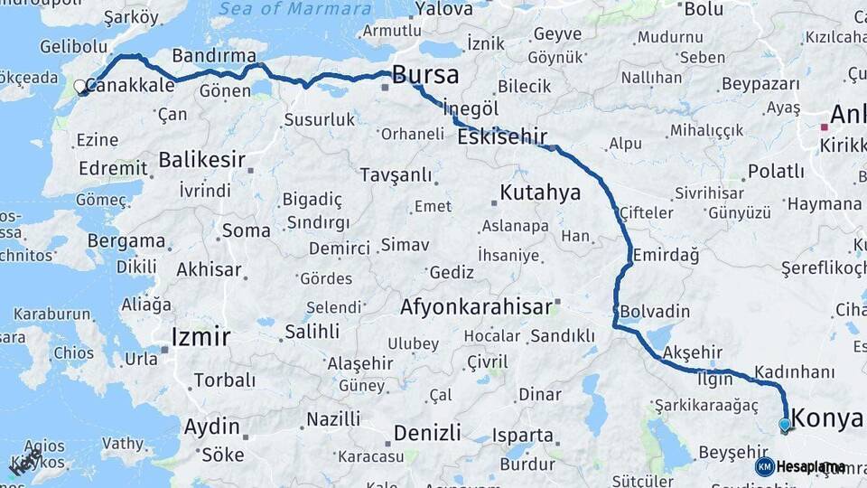 Konya Çanakkale Arası Kaç Km - Yol Haritası