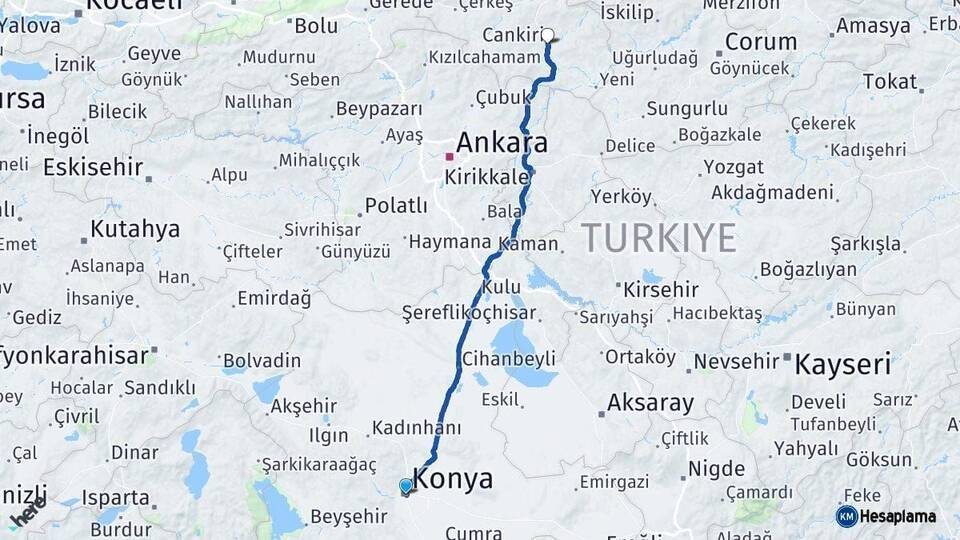Konya Çankırı Arası Kaç Km - Yol Haritası