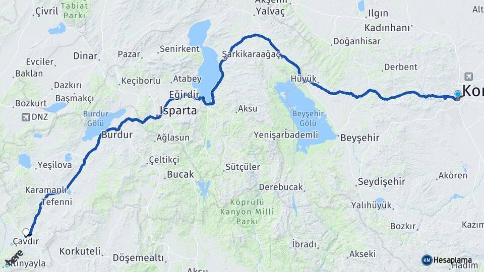 Konya Çavdır Burdur Arası Kaç Km - Yol Haritası