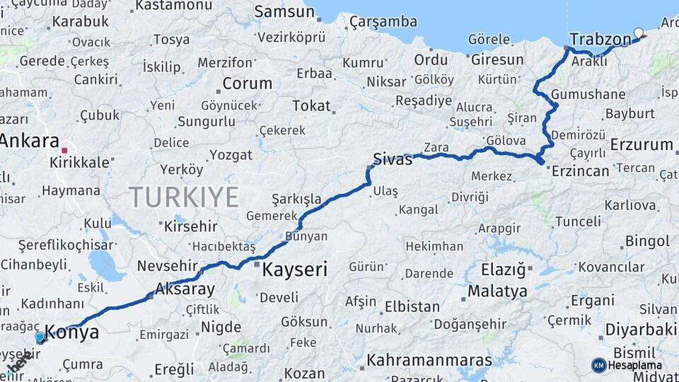 Konya Çayeli Rize Arası Kaç Km - Yol Haritası