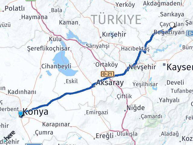 Konya Çayıralan Yozgat Arası Kaç Km - Yol Haritası