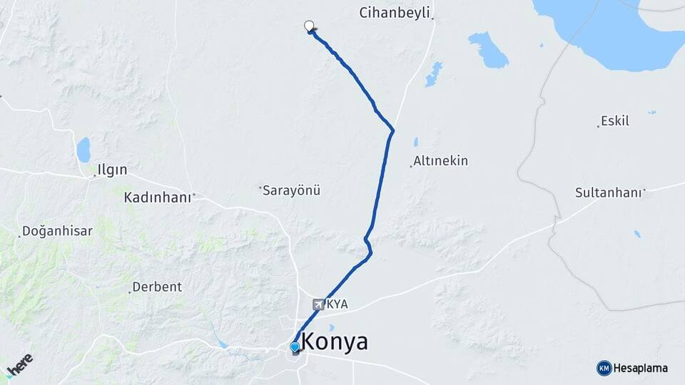 Konya Çeşmelisebil Sarayönü Arası Kaç Km - Yol Haritası